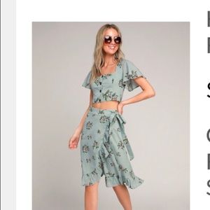 Blue floral ruffle wrap midi skirt